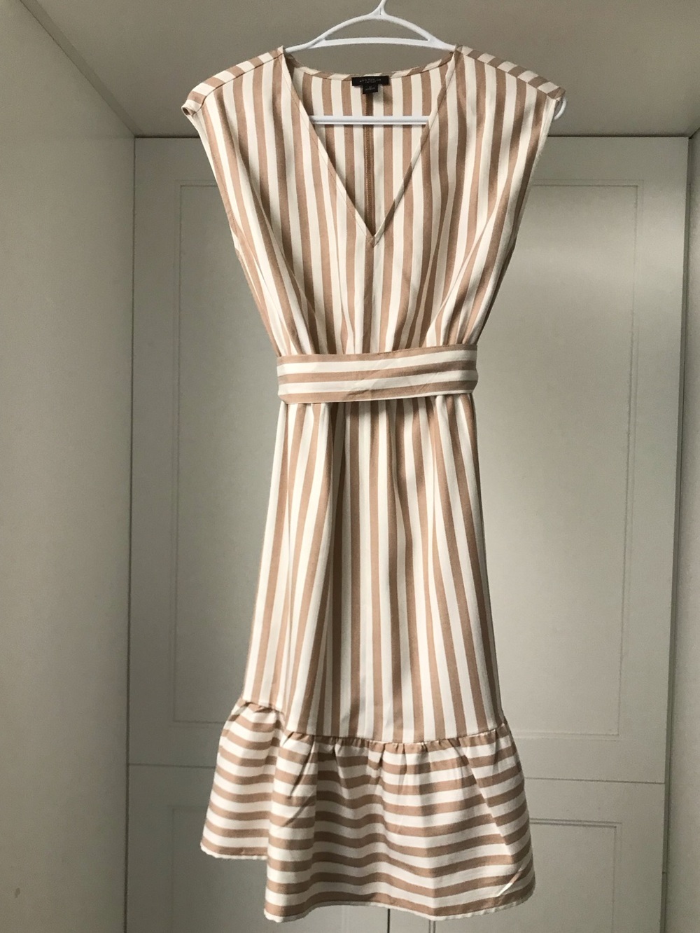 Ann Taylor Taupe and White Striped V-Neck Midi Dress US XS